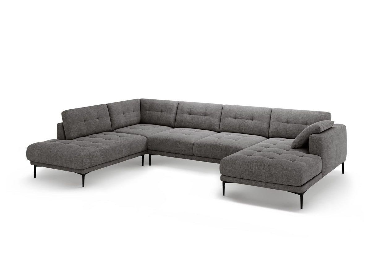 Lazio Panorama-Ecksofa Links in Beige-Sorella, Strukturstoff mit Tweed-Optik, Massivholzrahmen und schwarze Metallbeine, 7-Sitzer-Ecksofa.