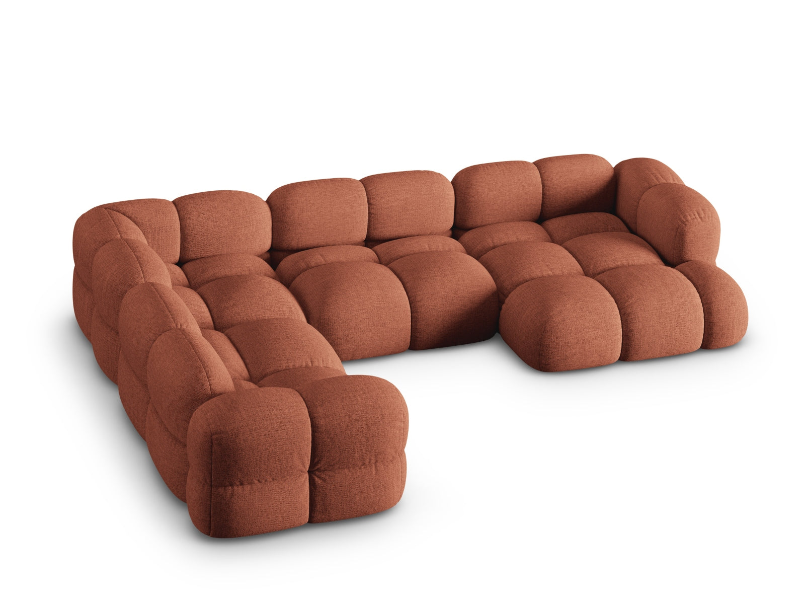 Elegantes Loretto Panoramic Ecksofa links in Coral-Sorella, perfekt für moderne Wohnzimmer, bietet komfortable Sitzgelegenheit für fünf Personen.