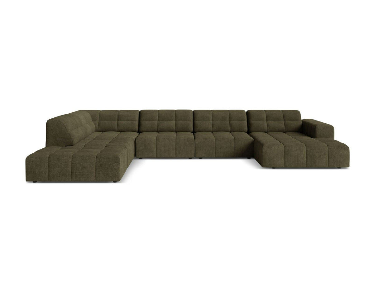 Beige Ecksofa links mit Chenille-Stoff Eden, massivem Holzrahmen, schwarzen Kunststoffbeinen und grosszügiger Sitzfläche für 7 Personen.
