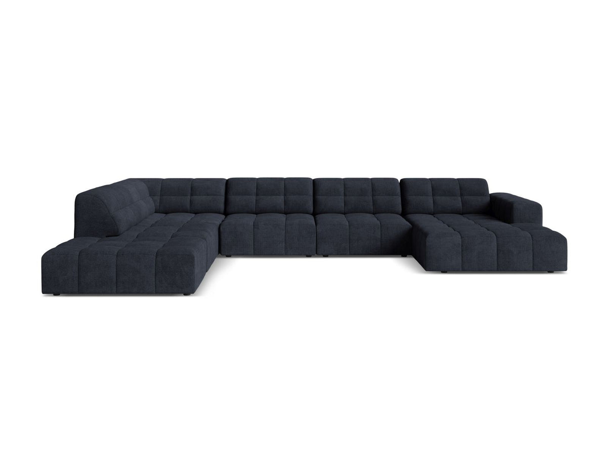 Beige Ecksofa links mit Chenille-Stoff Eden, massivem Holzrahmen, schwarzen Kunststoffbeinen und grosszügiger Sitzfläche für 7 Personen.