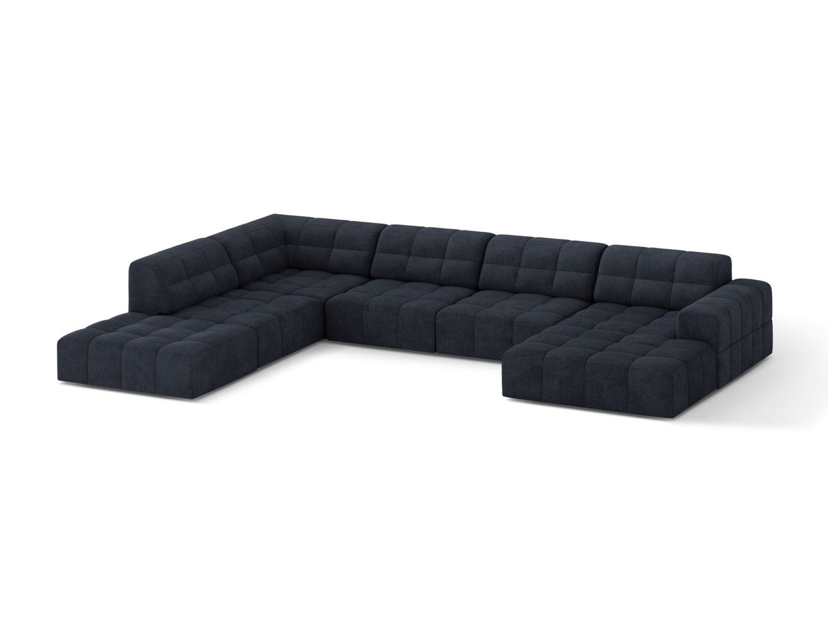 Beige Ecksofa links mit Chenille-Stoff Eden, massivem Holzrahmen, schwarzen Kunststoffbeinen und grosszügiger Sitzfläche für 7 Personen.