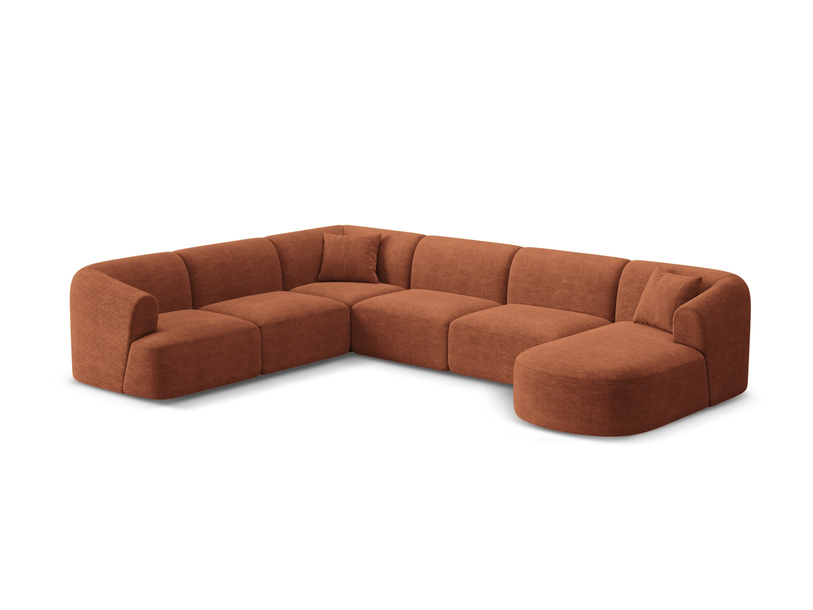 Elegantes 7-Sitzer Ecksofa Panoramic links Campi in warmem Terracotta, ideal für stilvolle Wohnräume, präsentiert von Cosmopolitan Design.