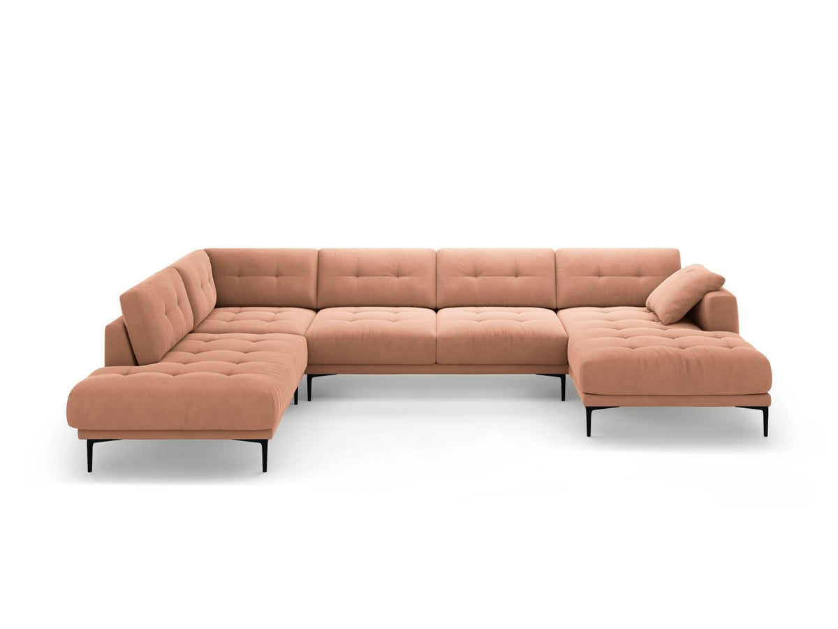 Grünes Samt-Panorama-Ecksofa links mit schwarzen Metallbeinen, grosser Sitzfläche und Récamiere, Modell Lazio von Cosmopolitan Design.
