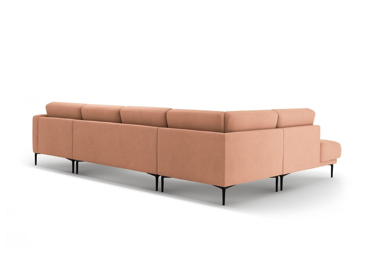 Grünes Samt-Panorama-Ecksofa links mit schwarzen Metallbeinen, grosser Sitzfläche und Récamiere, Modell Lazio von Cosmopolitan Design.