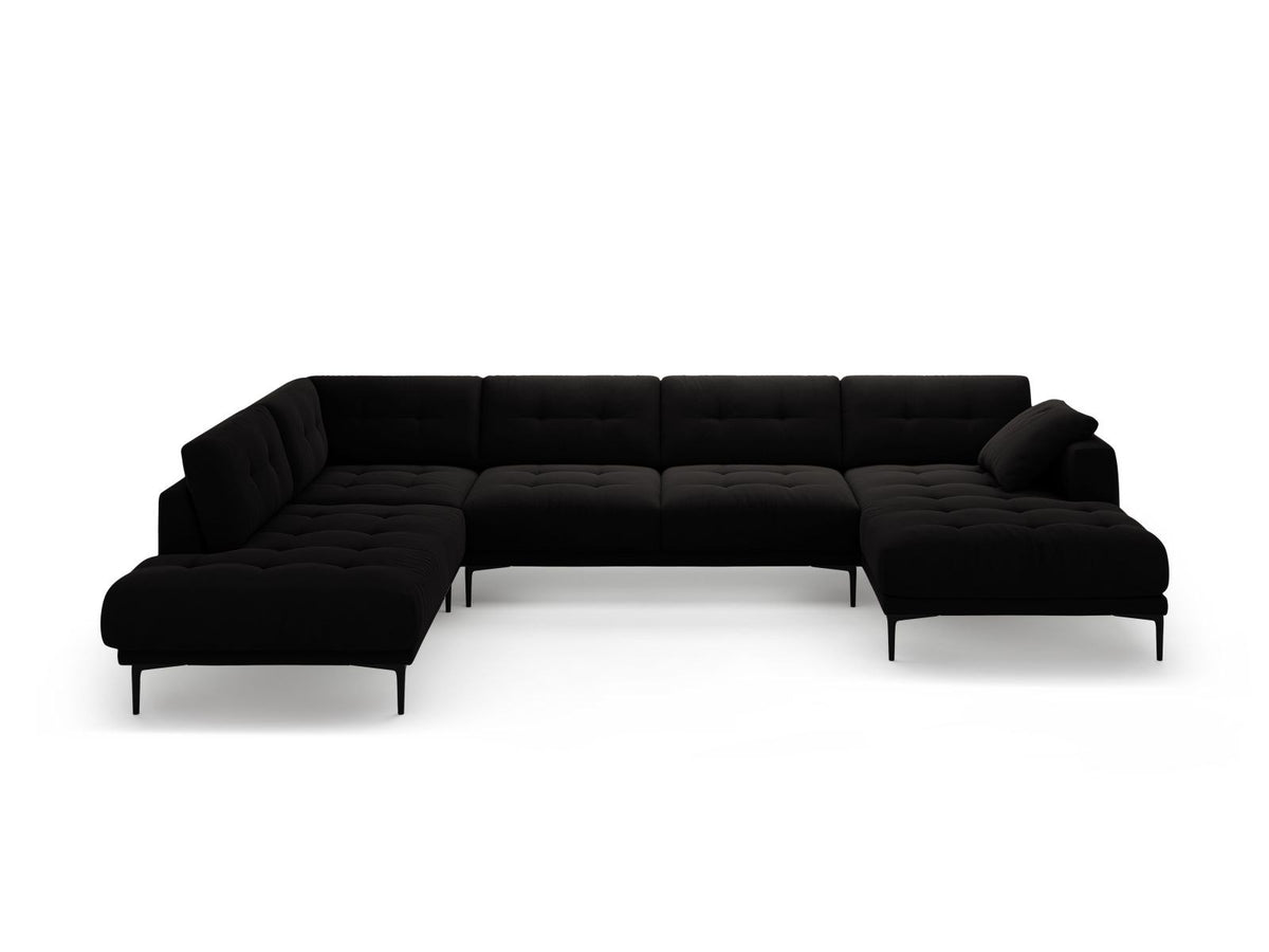 Grünes Samt-Panorama-Ecksofa links mit schwarzen Metallbeinen, grosser Sitzfläche und Récamiere, Modell Lazio von Cosmopolitan Design.
