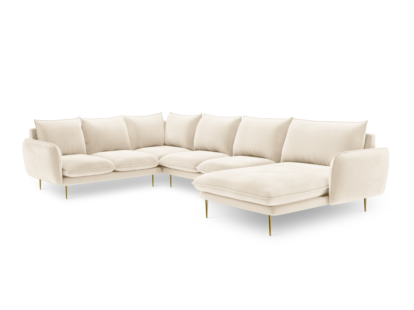 Luxuriöses 7-Sitzer Ecksofa "Vienna" in hellem Beige mit goldenen Akzenten, ideal für stilvolle Wohnräume und entspannte Abende.