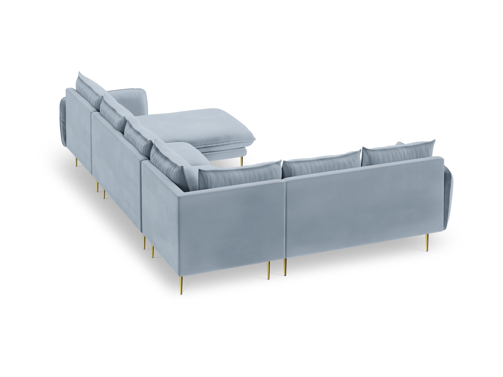Elegantes, großzügiges 7-Sitzer Ecksofa in weichem Veloursblau, ideal für stilvolle Wohnräume und gesellige Abende.