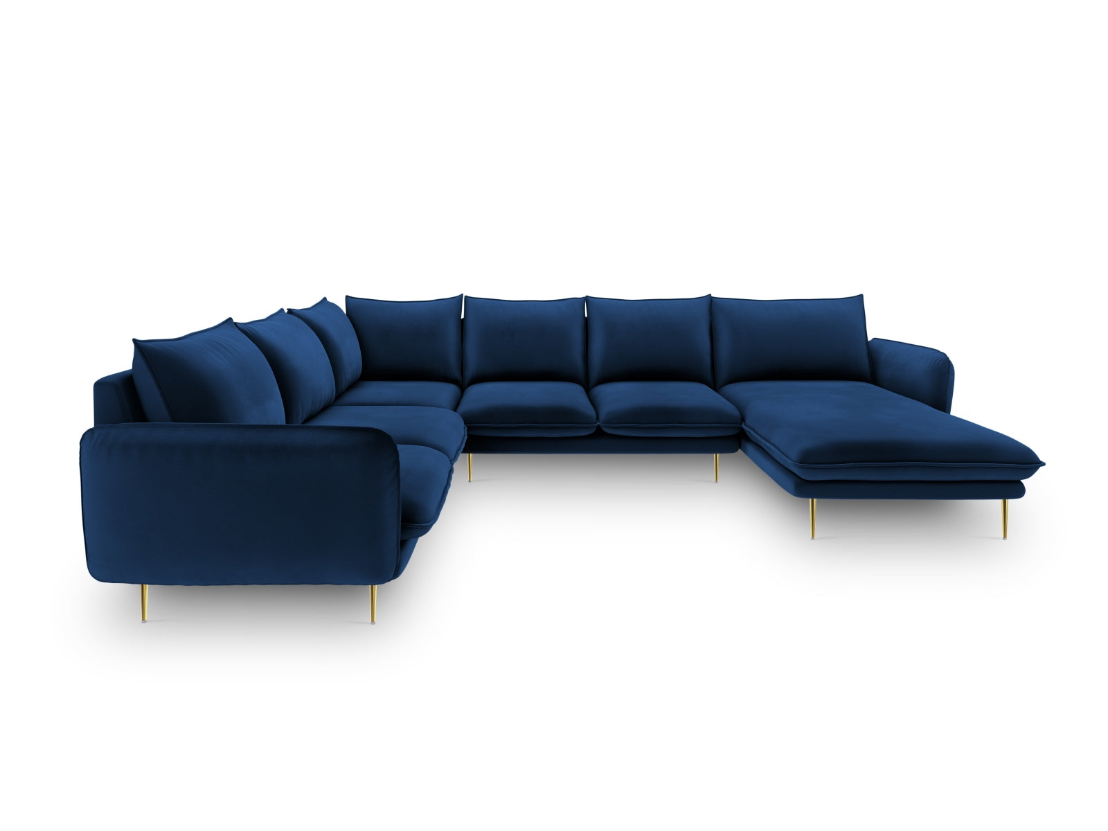 Elegantes Vienna Velour Panoramic Ecksofa links in Royal Blue, 7 Sitzer, 235cm, ideal für stilvolle Wohnräume.