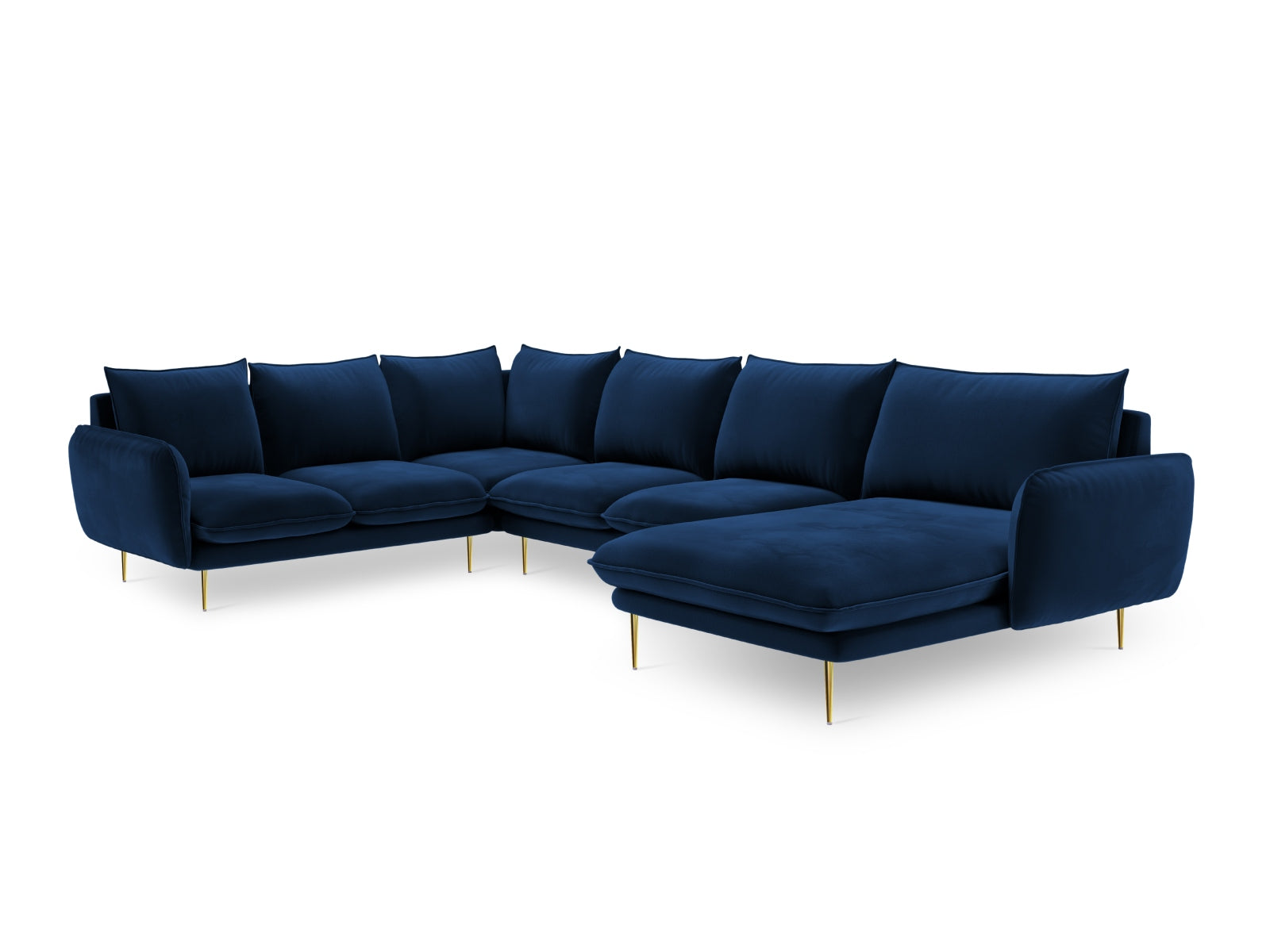 Luxuriöses 7-Sitzer Ecksofa links in Royal Blue, 235cm, mit weichem Veloursbezug, perfekt für moderne Wohnlandschaften.