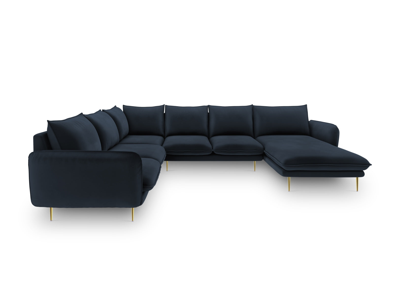 Elegantes Vienna Velour Panoramic Ecksofa links in Dunkelblau mit goldenen Akzenten, ideal für stilvolle Wohnräume.