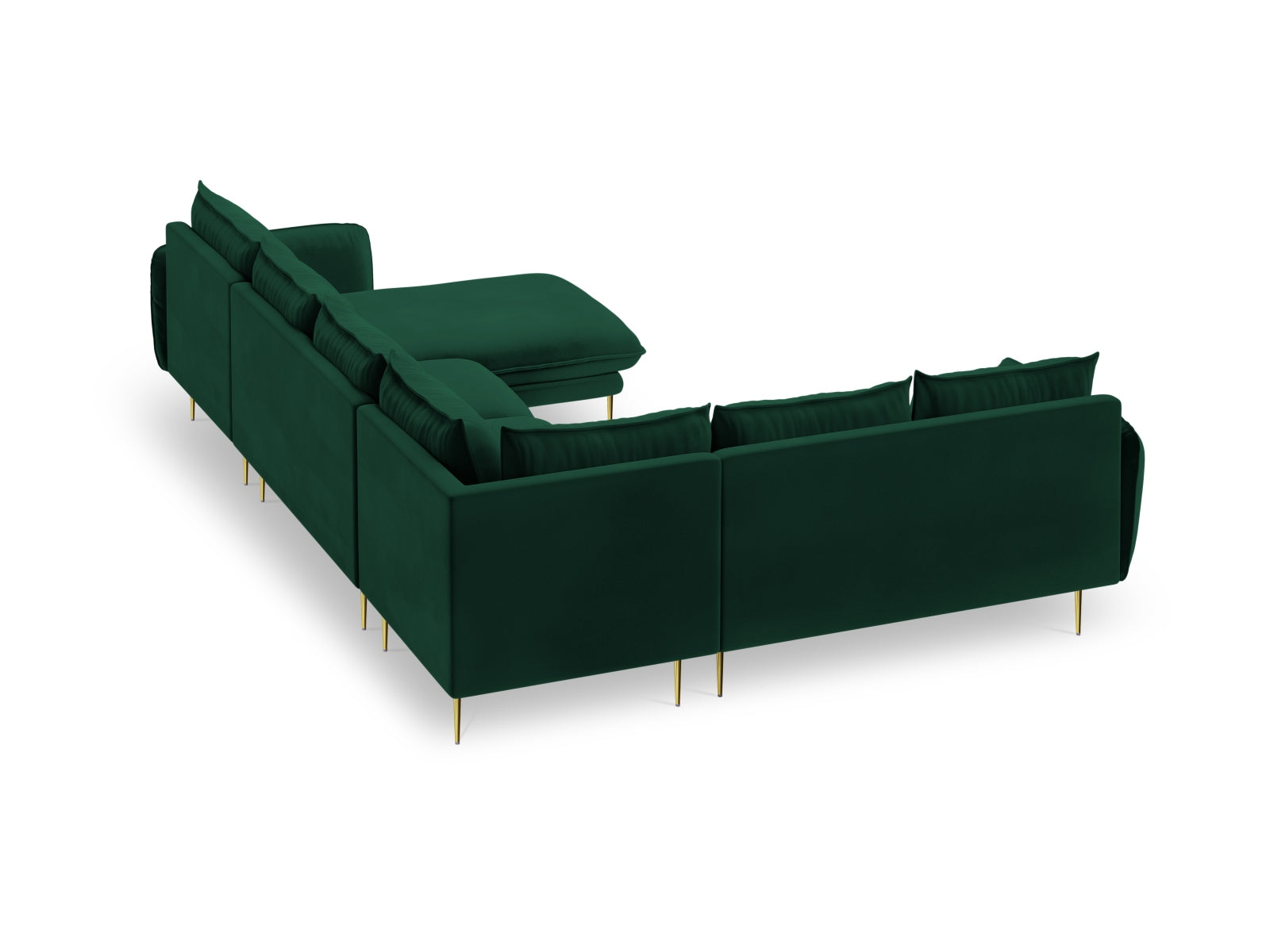 Elegantes 7-sitziges Ecksofa in sattem Flaschengrün, ausgestattet mit stilvollen goldenen Akzenten, ideal für stilvolle Wohnambiente.