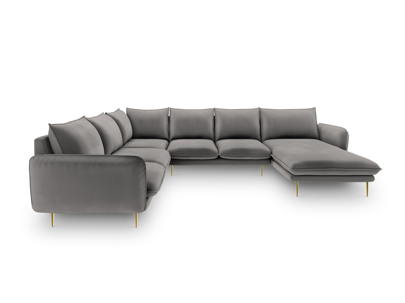 Elegantes Vienna Velour Panoramic Ecksofa links in Light Grey/Gold-Bluvel, ideal für stilvolle Wohnräume, 7 Sitzer, 235 cm.