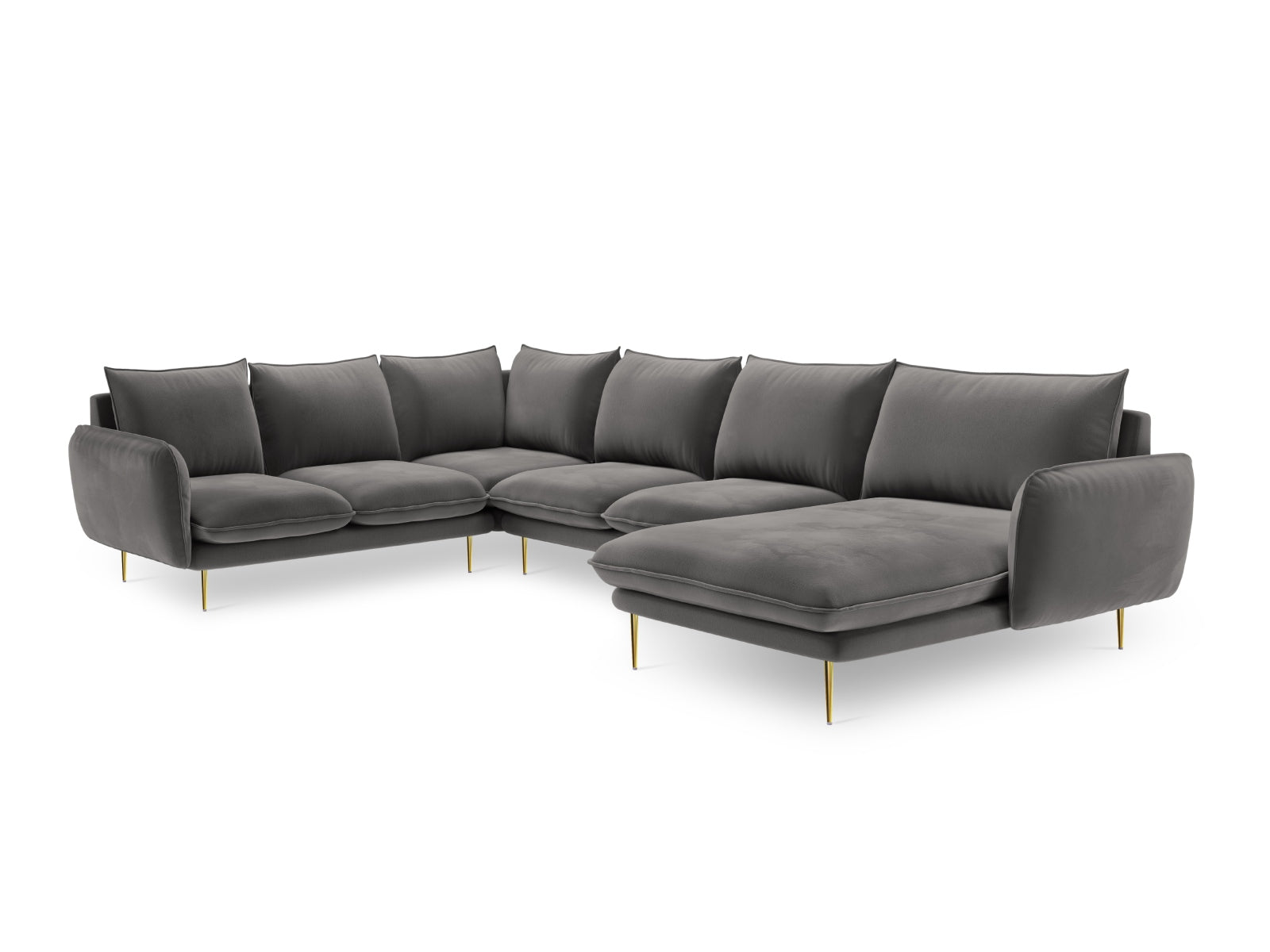 Modernes 7-sitziges Ecksofa in Velours, linksseitig, 235 cm, in sanften Grautönen, perfekt für gemütliche und stilvolle Wohnzimmer.