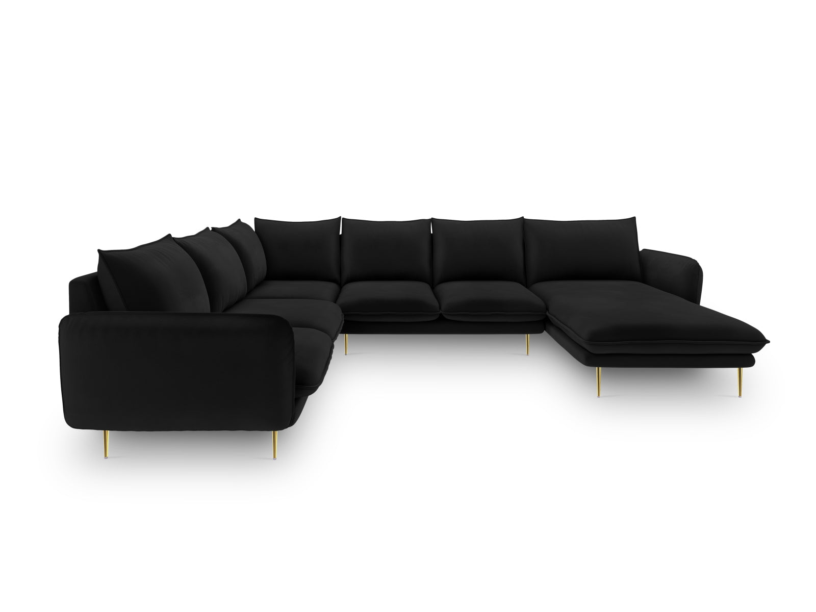 Elegantes Vienna Velour Panoramic Ecksofa links in stilvollem Schwarz und Gold-Bluvel, ideal für moderne Wohnräume.