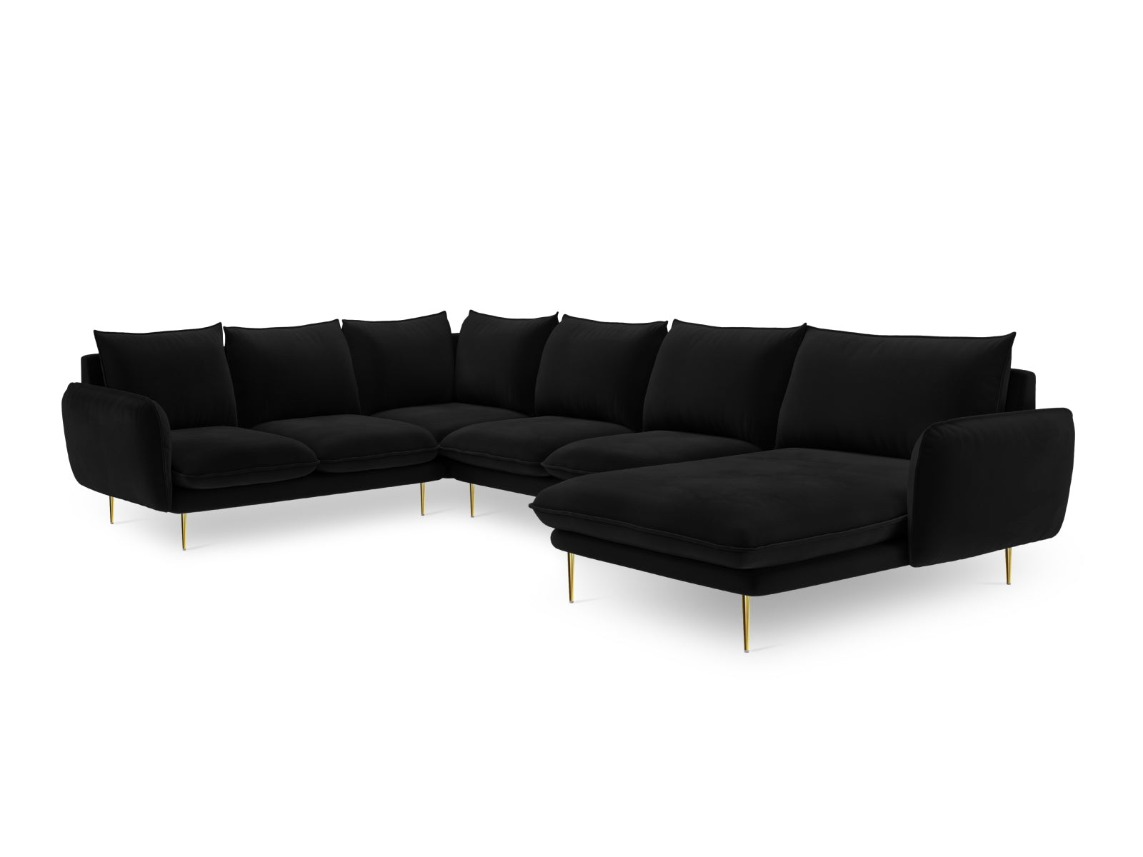 Luxuriöses 7-sitziges Ecksofa links im Veloursdesign, perfekt für stilvolle Wohnzimmer mit einem Hauch von Eleganz.
