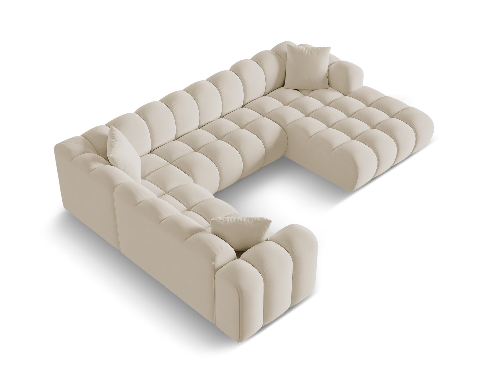 Elegantes 4-Sitzer Panoramic Ecksofa links Treno in luxuriösem Dunkelbeige, ideal für ein modernes und einladendes Wohnambiente.