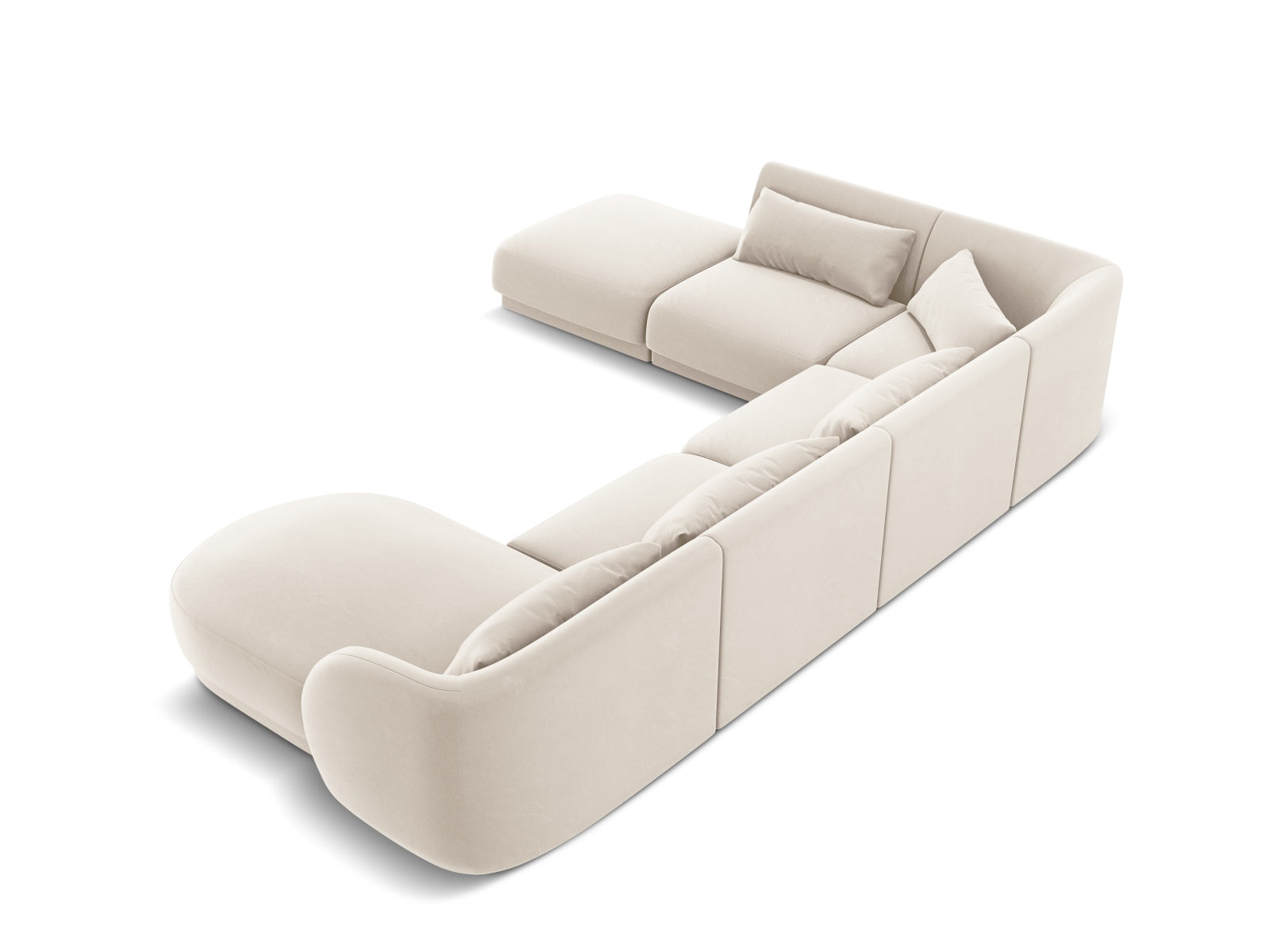 Elegantes Tulum Velour Panoramic Ecksofa links in sanftem Beige, ideal für stilvolle Wohnräume, bietet komfortabel Platz für bis zu 6 Personen.