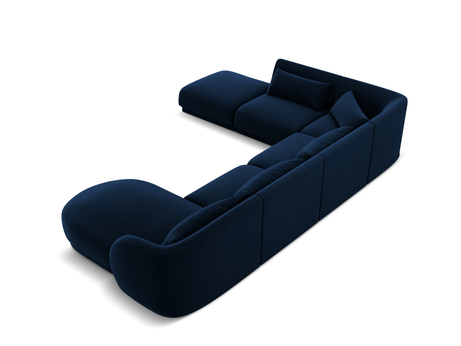 Elegantes Tulum Velour Panoramic Ecksofa links in Royal Blue, ideal für stilvolle Wohnräume und gesellige Zusammenkünfte mit Freunden.