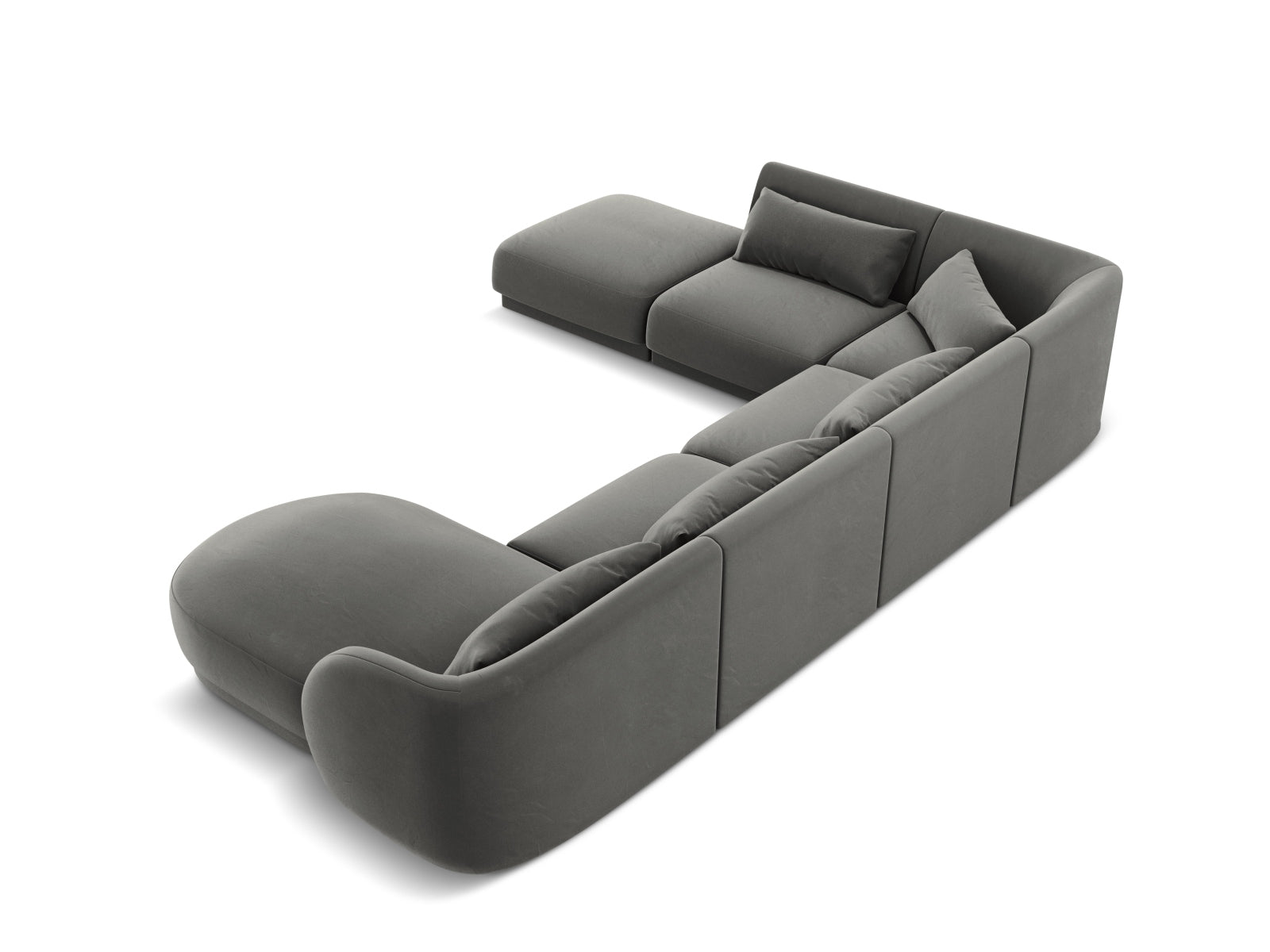 Elegantes Tulum Velour Panoramic Ecksofa links in sanften Grau-Blau-Tönen, ideal für entspannte Abende und modernes Wohndesign.