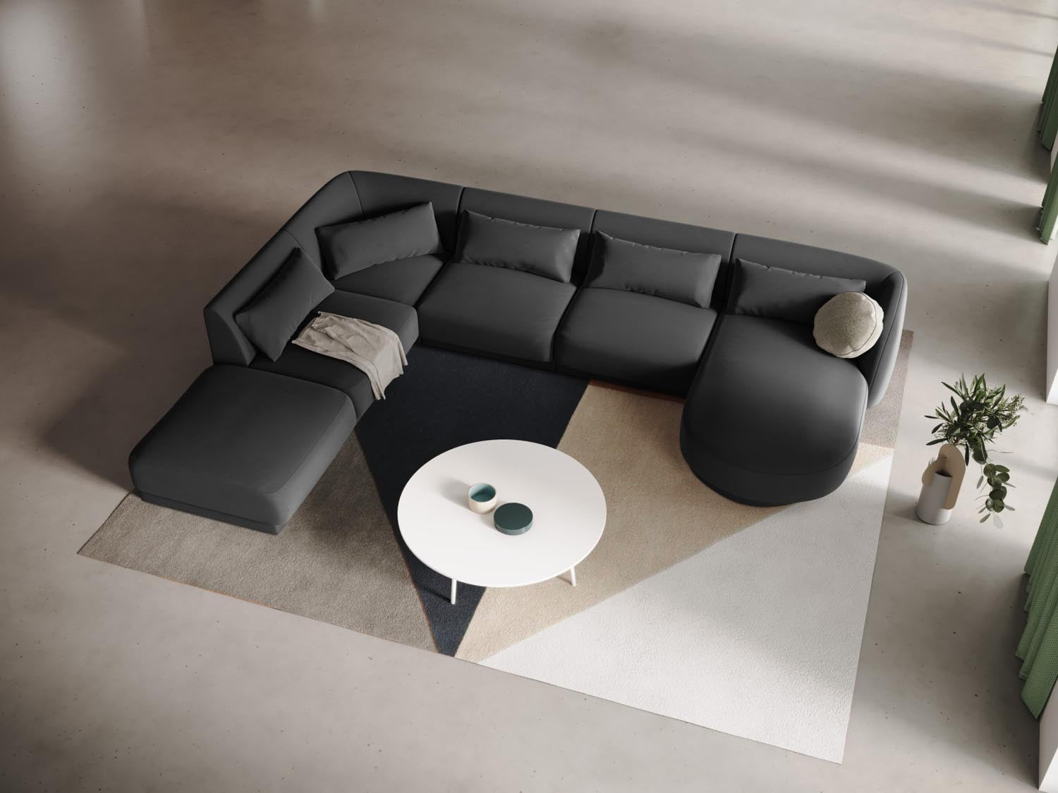 Elegantes Tulum Velour Panoramic Ecksofa links in Grau-Blau, ideal für stilvolle Wohnräume, bietet Platz für bis zu 6 Personen.