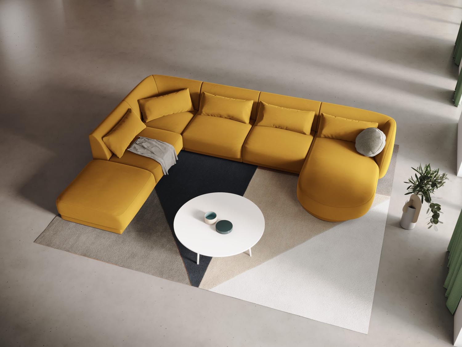 Gemütliches Tulum Velour Panoramic Ecksofa links in stilvollem Gelb-Blau, ideal für moderne Wohnräume und gesellige Abende.