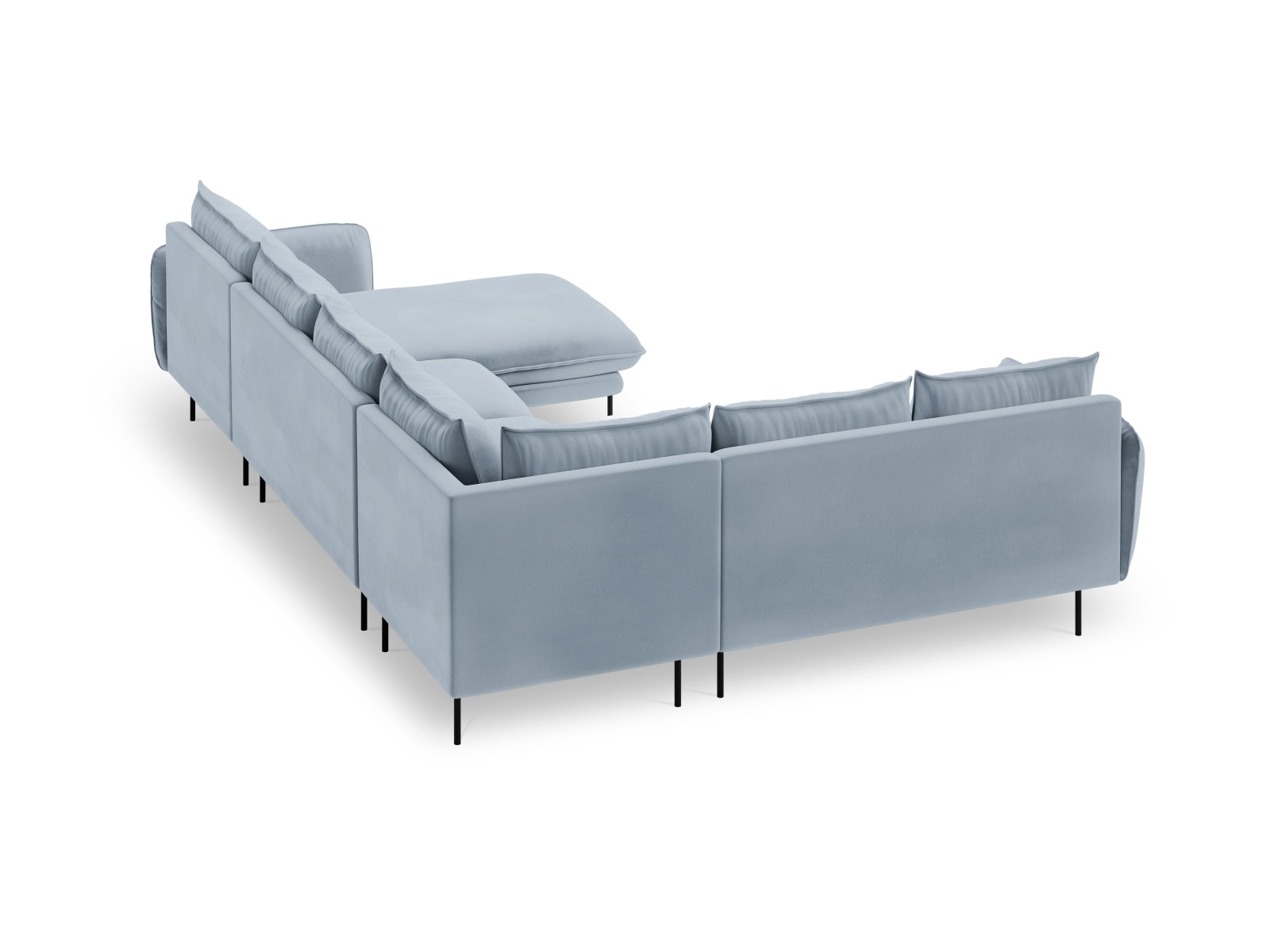 Elegantes, 7-sitziges Ecksofa in sanften Blautönen und Schwarz, ideal für stilvolle Wohnräume und entspannte Abende.