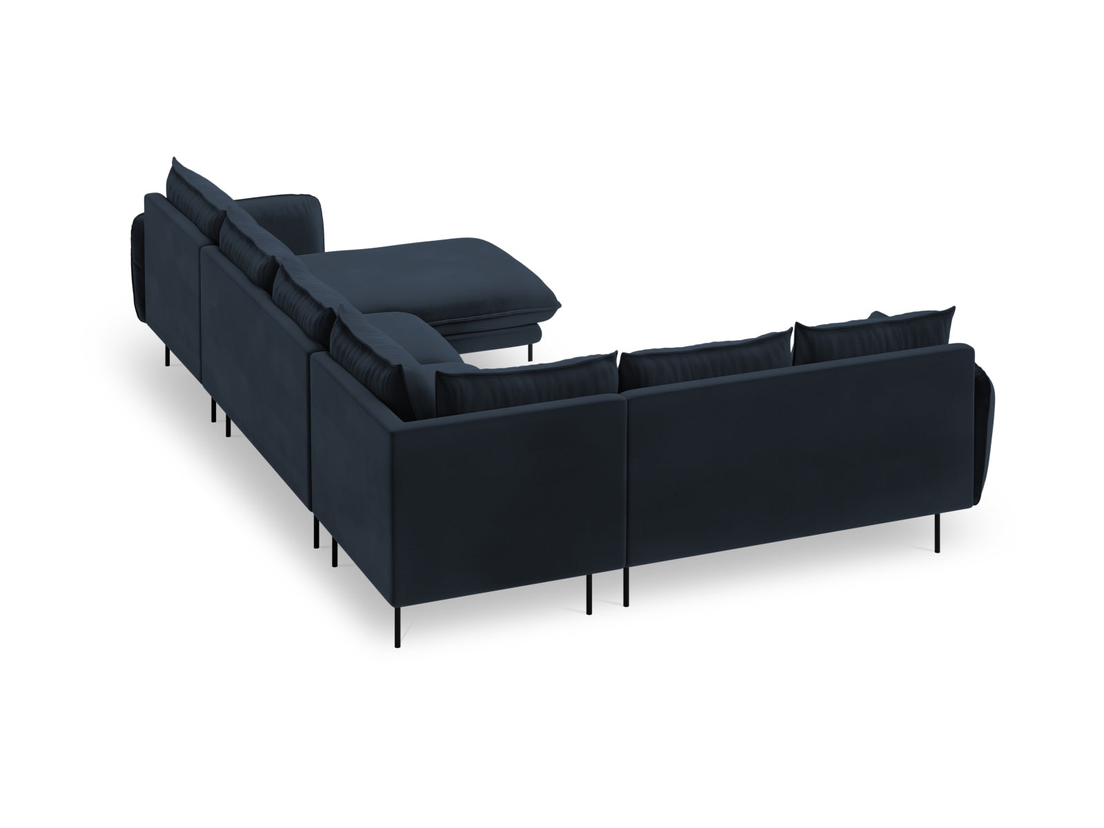 Elegantes, linksseitiges 7-Sitzer Ecksofa in tiefem Blau, 235 cm, ideal für stilvolle Wohnräume und gemütliche Zusammenkünfte.