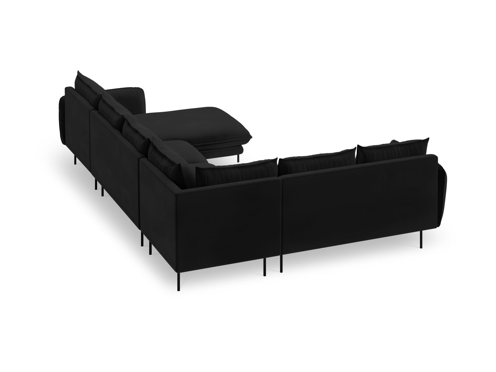Elegantes 7-sitziges Ecksofa in luxuriösem schwarzen Velours, 235 cm, linksseitig, ideal für stilvolle Wohnräume und gesellige Abende.