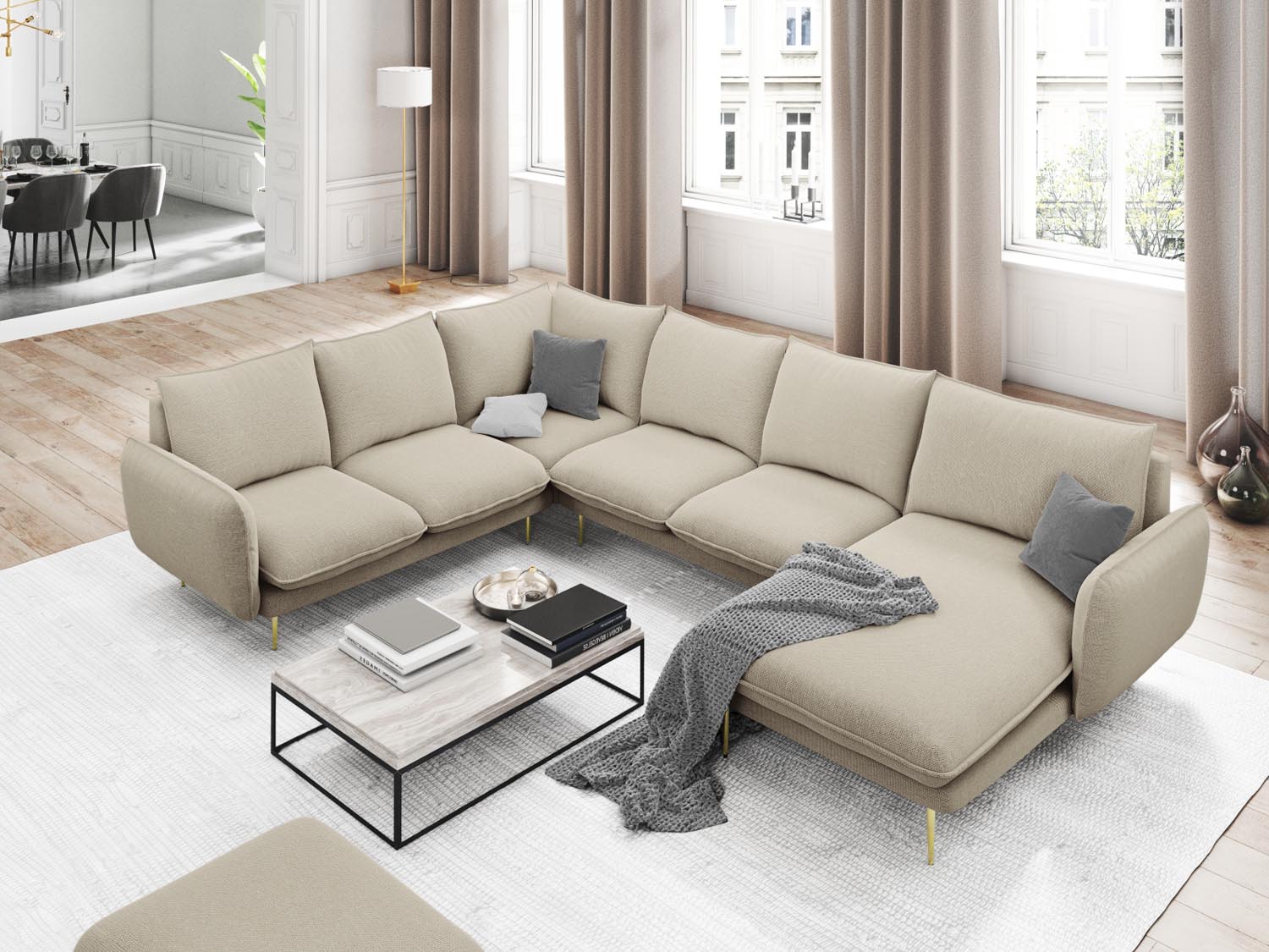 Vienna Panoramic Ecksofa links 7 Sitzer 235cm in Beige/Gold-Positano präsentiert im Onlineshop von KAQTU Design AG. Ecksofa links ist von Cosmopolitan Design