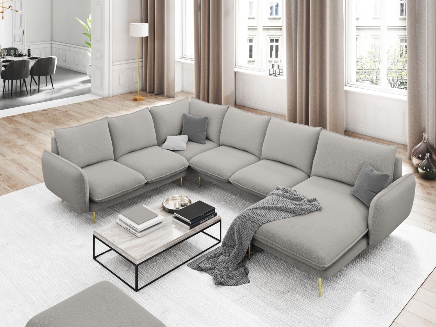 Vienna Panoramic Ecksofa links 7 Sitzer 235cm in Light Grey/Gold-Asgard/ Positano präsentiert im Onlineshop von KAQTU Design AG. Ecksofa links ist von Cosmopolitan Design