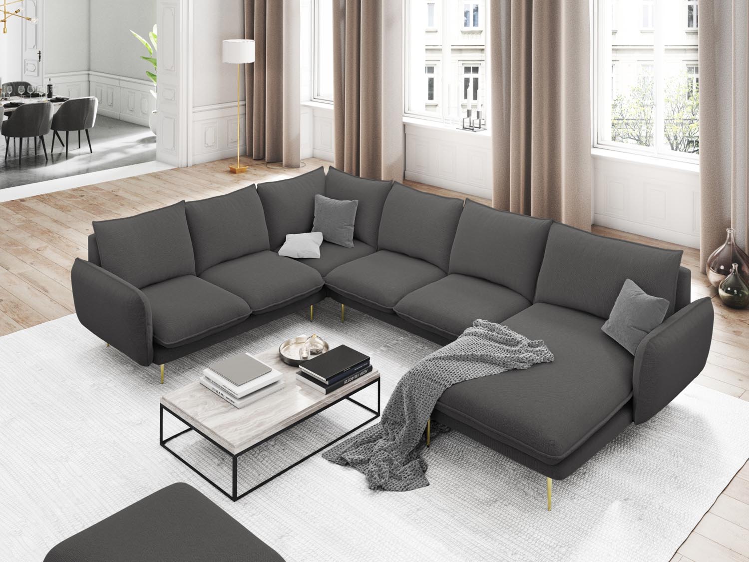 Vienna Panoramic Ecksofa links 7 Sitzer 235cm in Dark Grey/Gold-Positano präsentiert im Onlineshop von KAQTU Design AG. Ecksofa links ist von Cosmopolitan Design