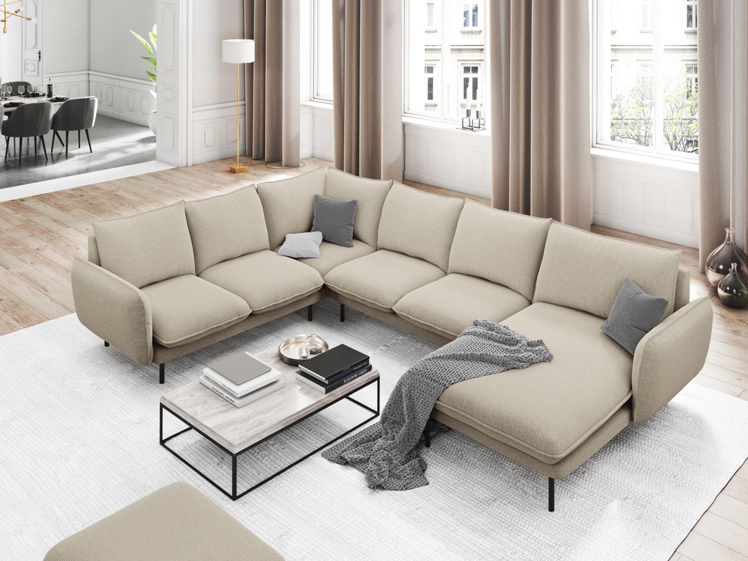 Vienna Panoramic Ecksofa links 7 Sitzer 235cm in Beige/Schwarz-Positano präsentiert im Onlineshop von KAQTU Design AG. Ecksofa links ist von Cosmopolitan Design