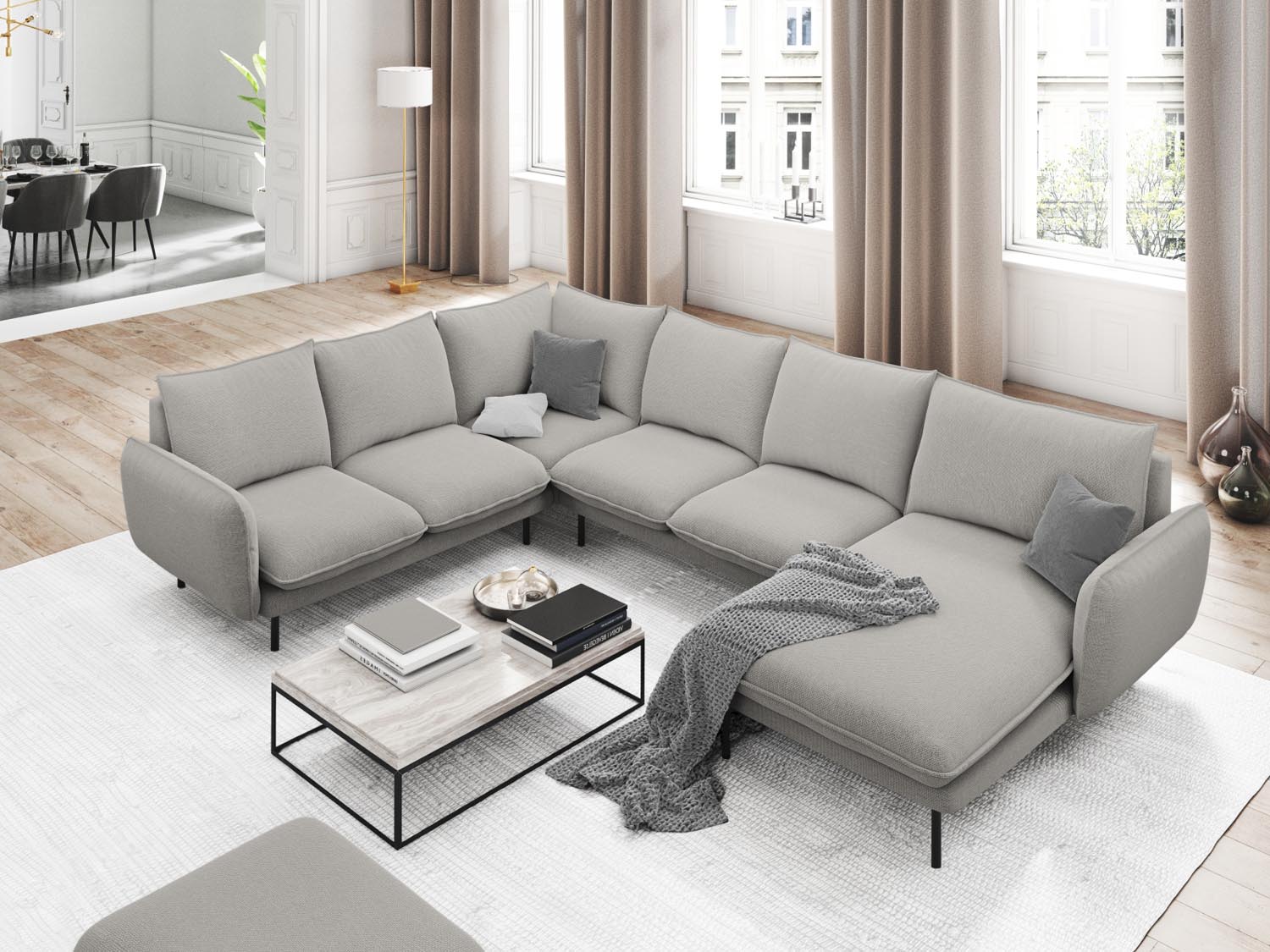 Vienna Panoramic Ecksofa links 7 Sitzer 235cm in Light Grey/Schwarz-Asgard/ Positano präsentiert im Onlineshop von KAQTU Design AG. Ecksofa links ist von Cosmopolitan Design