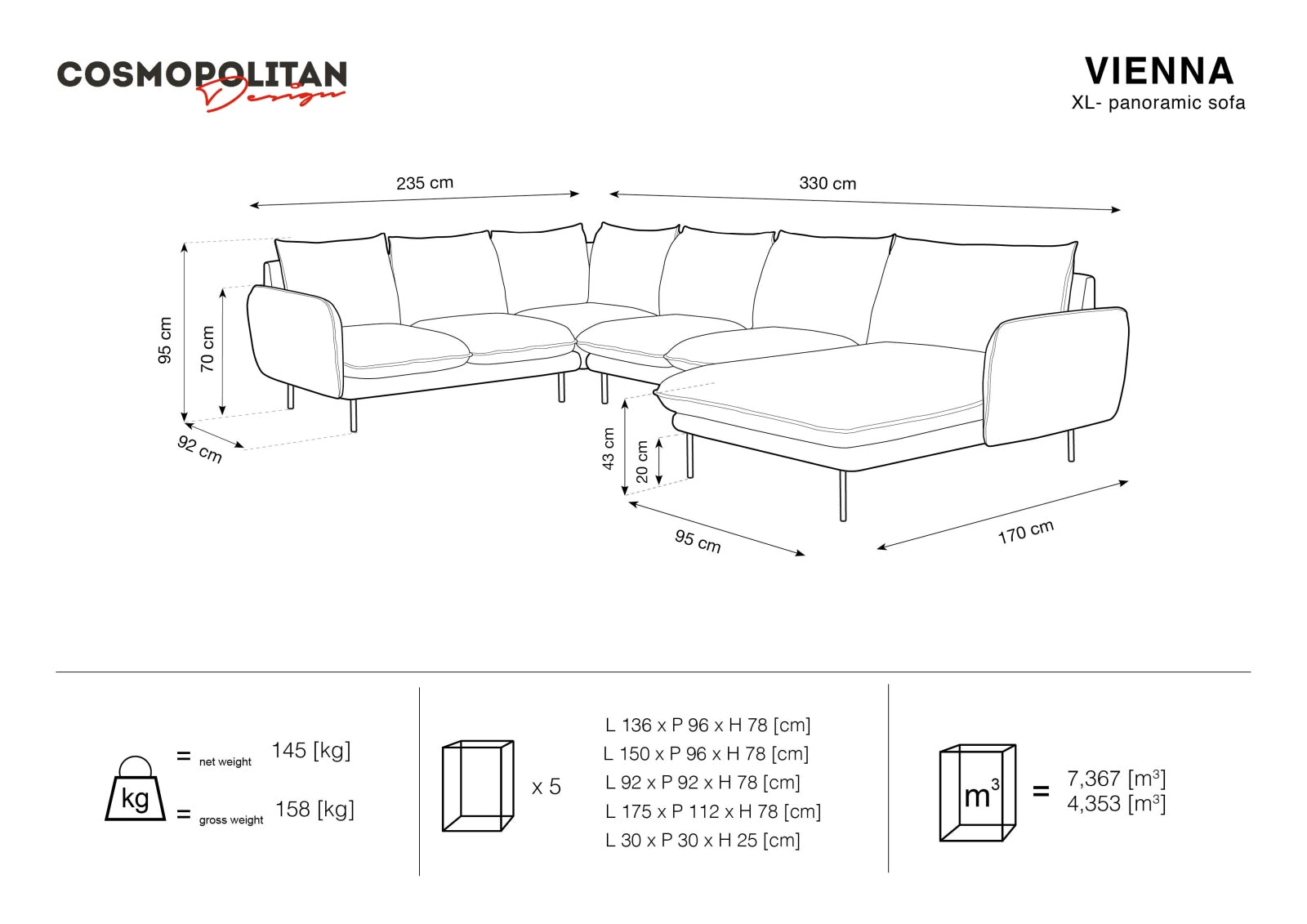Vienna Panoramic Ecksofa links 7 Sitzer 235cm in Dark Grey/Schwarz-Positano präsentiert im Onlineshop von KAQTU Design AG. Ecksofa links ist von Cosmopolitan Design