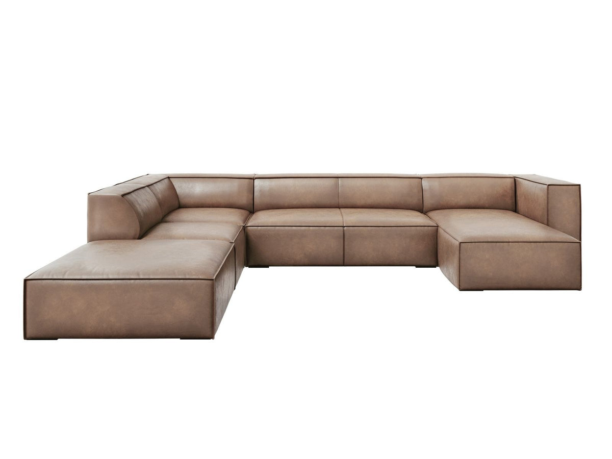 Panorama-Ecksofa links Turin aus Rindsleder in Grau-Braun-Granada, mit Buchenholzbeinen, Récamiere und Rückenkissen, 6 Sitzplätze.