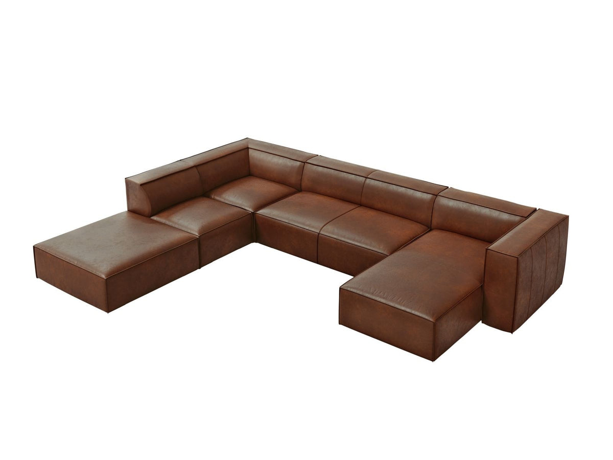 Panorama-Ecksofa links Turin aus Rindsleder in Grau-Braun-Granada, mit Buchenholzbeinen, Récamiere und Rückenkissen, 6 Sitzplätze.