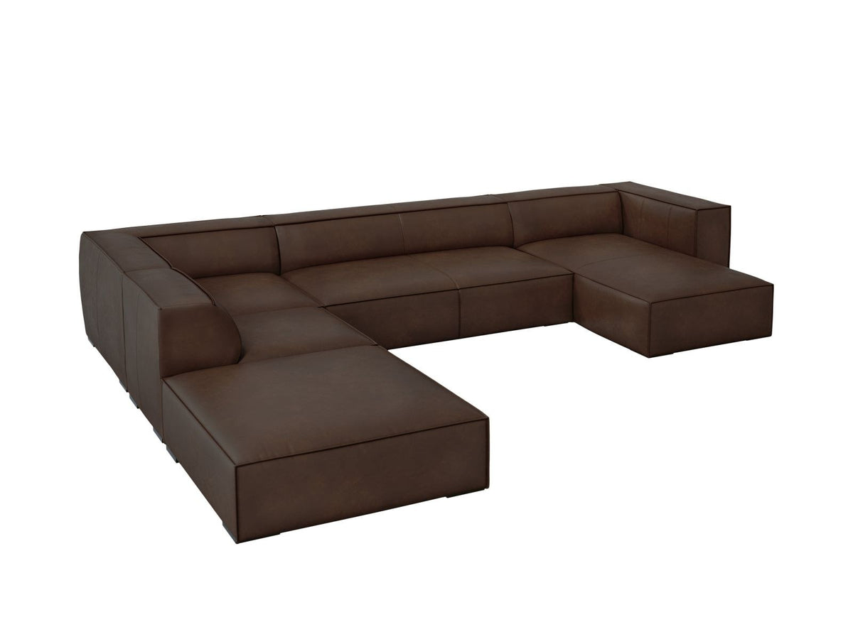 Panorama-Ecksofa links Turin aus Rindsleder in Grau-Braun-Granada, mit Buchenholzbeinen, Récamiere und Rückenkissen, 6 Sitzplätze.