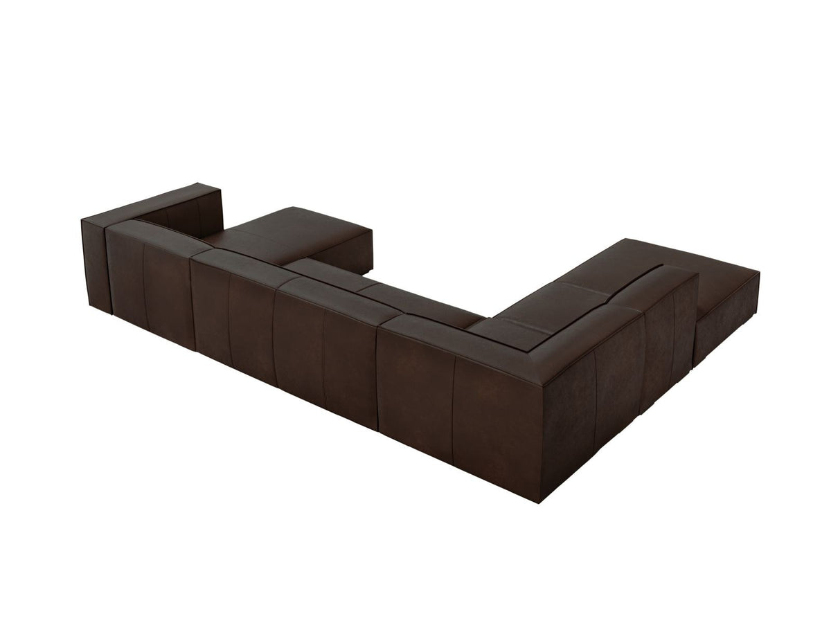 Panorama-Ecksofa links Turin aus Rindsleder in Grau-Braun-Granada, mit Buchenholzbeinen, Récamiere und Rückenkissen, 6 Sitzplätze.