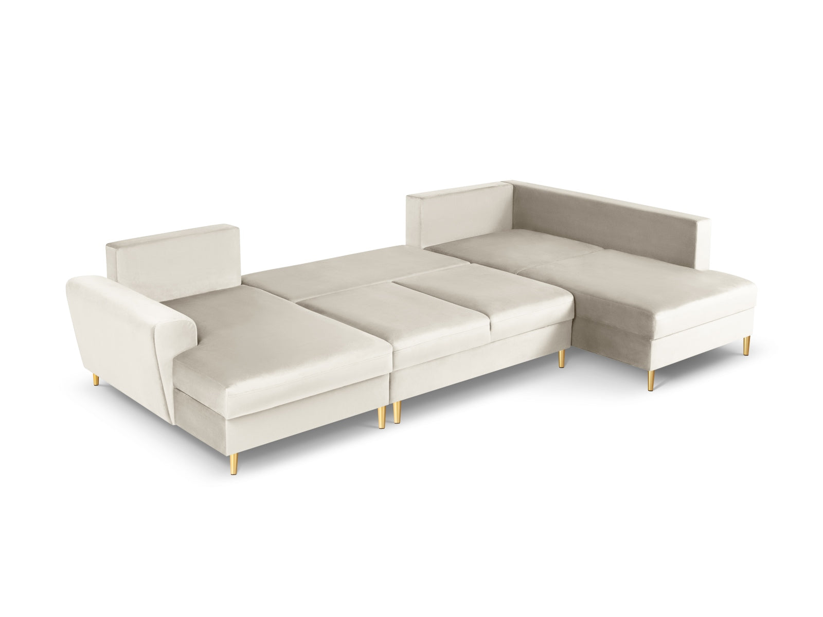 Stilvolles Kyoto Velour Panoramic Ecksofa rechts in sanftem Beige, 7 Sitzer mit praktischem Stauraum und komfortabler Schlaffunktion für gesellige Stunden.