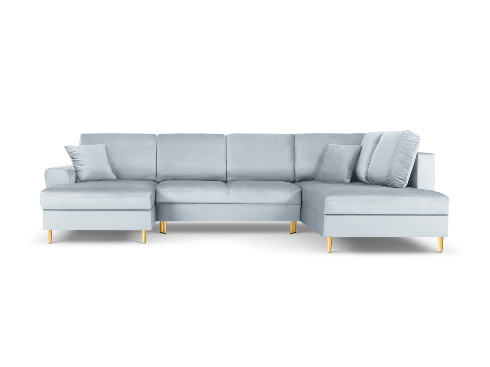 Stylisches Kyoto Velour Panoramic Ecksofa rechts in Hellblau, 7 Sitzer mit Stauraum und Schlaffunktion, ideal für moderne Wohnräume.