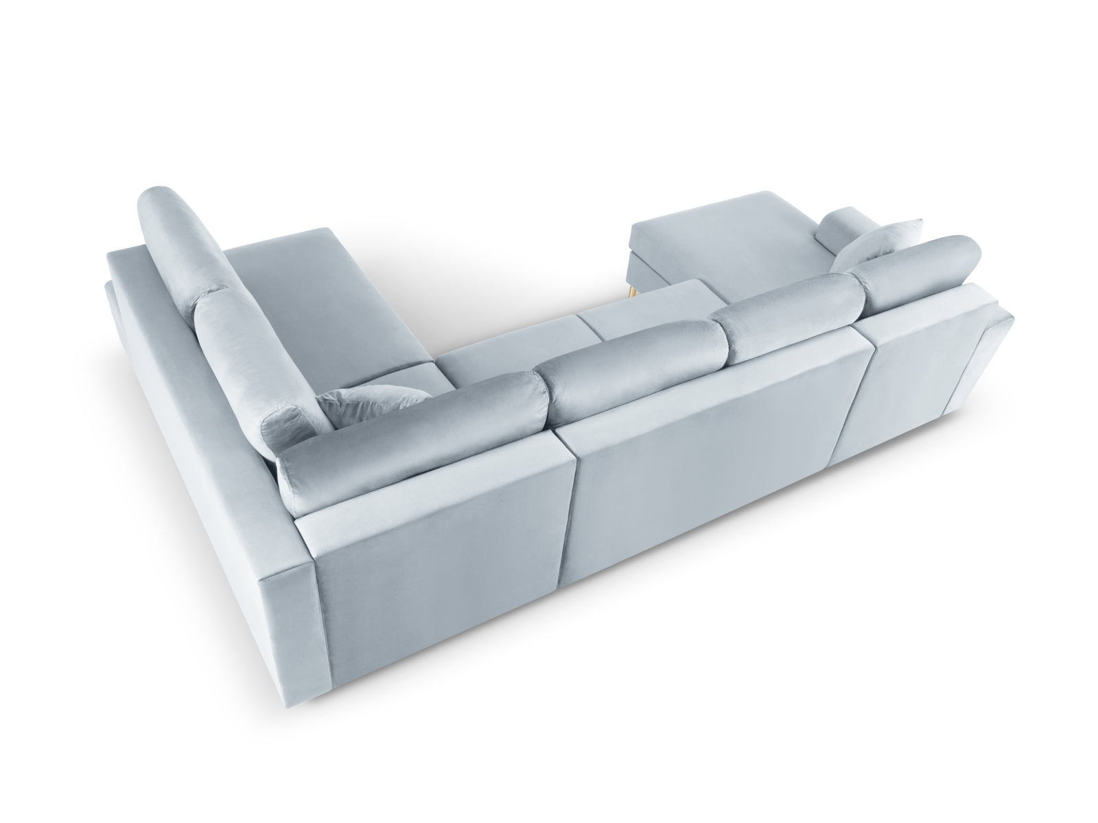 Stylisches Kyoto Velour Panoramic Ecksofa rechts in zartem Hellblau, 7 Sitzer mit cleverem Stauraum und gemütlicher Schlaffunktion.