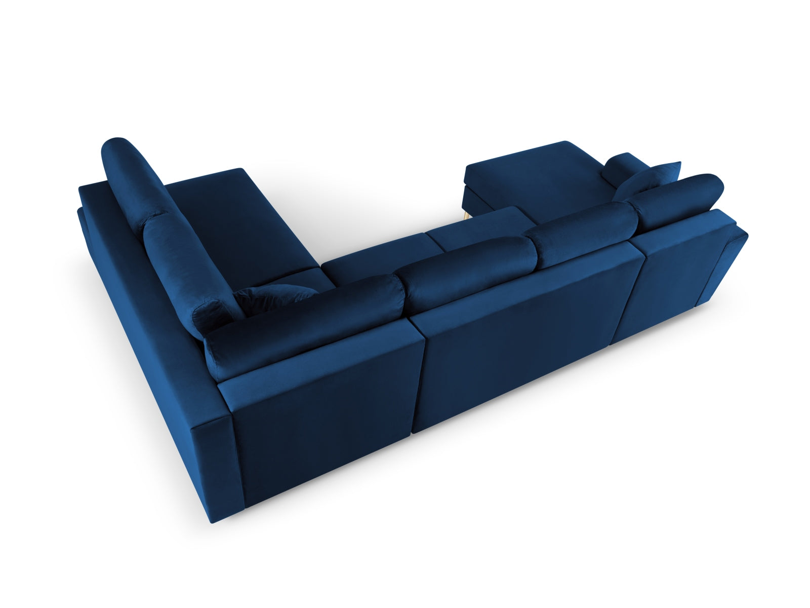 Elegantes Kyoto Velour Panoramic Ecksofa rechts in Royal Blue-Riviera, 7 Sitzer mit integriertem Stauraum und komfortabler Schlaffunktion.