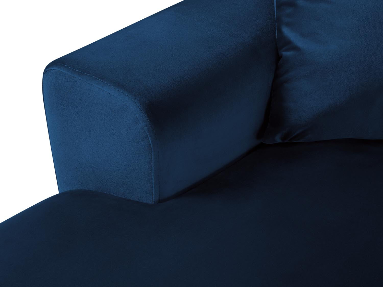 Elegantes Kyoto Velour Panoramic Ecksofa rechts in Royal Blue, 7 Sitzer, bietet zusätzlichen Stauraum und eine komfortable Schlaffunktion.