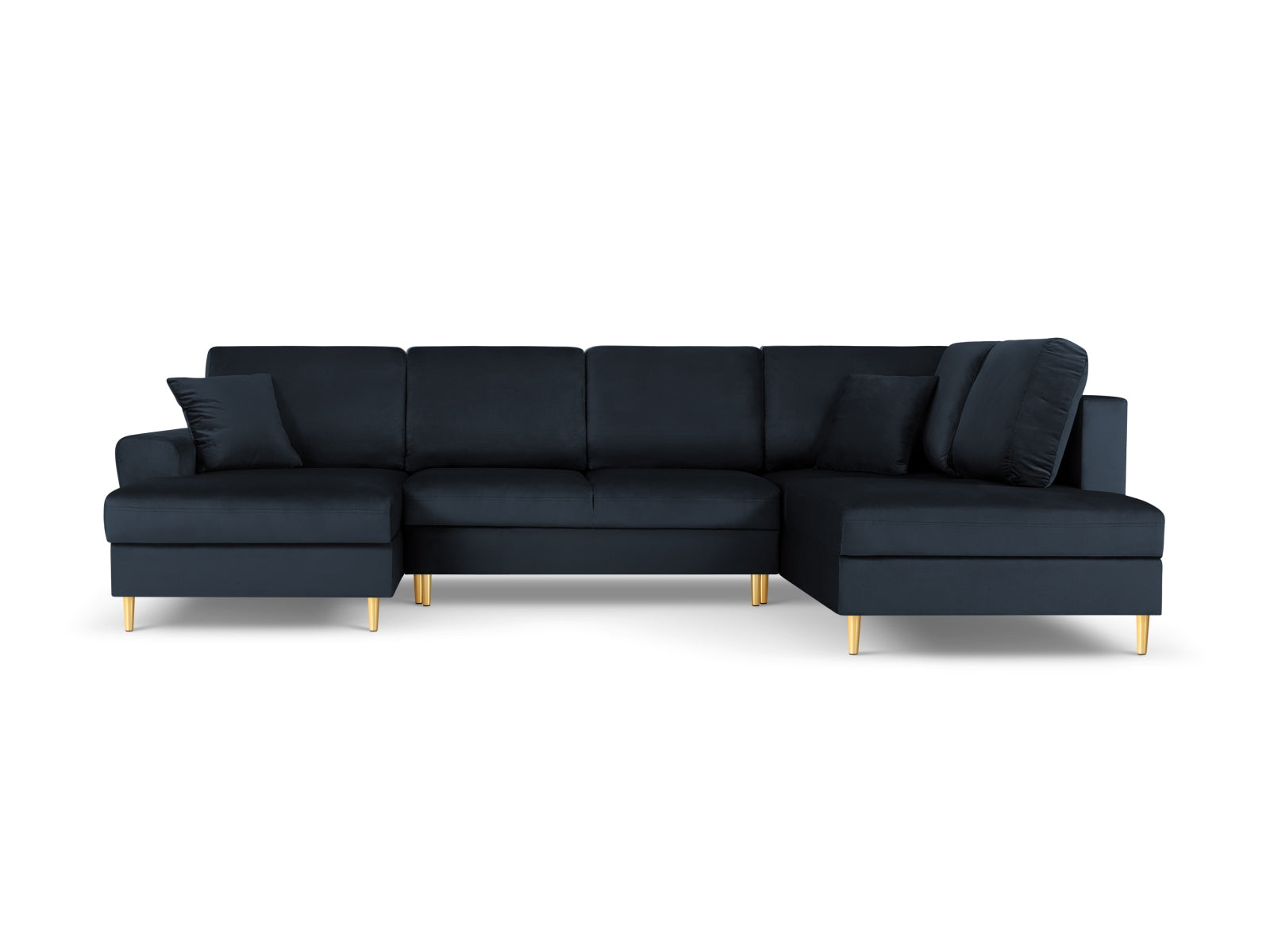 Elegantes Kyoto Velour Panoramic Ecksofa rechts in Dunkelblau, 7-Sitzer mit Stauraum und Schlaffunktion, ideal für stilvolle Wohnräume.