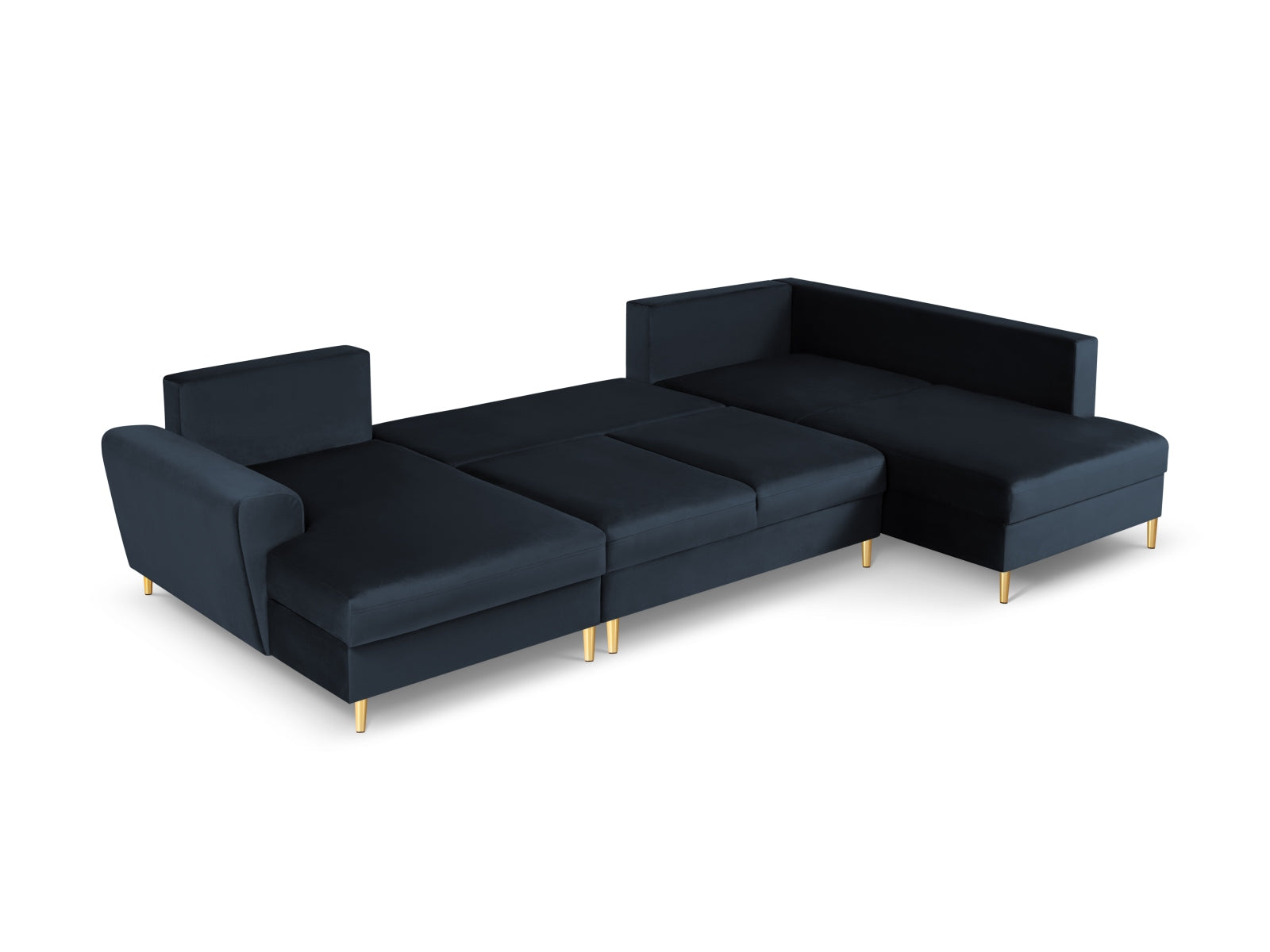 Modernes Kyoto Velour Panoramic Ecksofa rechts in edlem Blau, 7-Sitzer mit praktischem Stauraum und komfortabler Schlaffunktion für vielseitige Nutzung.