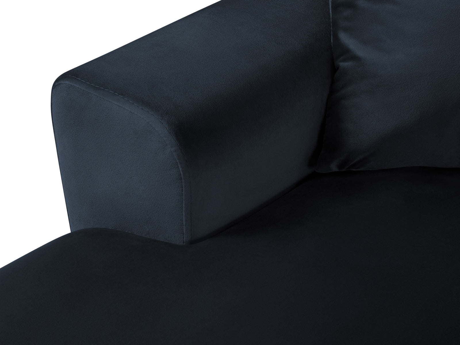 Elegantes Kyoto Velour Panoramic Ecksofa rechts in tiefem Blau, 7-Sitzer mit cleverem Stauraum und gemütlicher Schlaffunktion für jeden Raum.