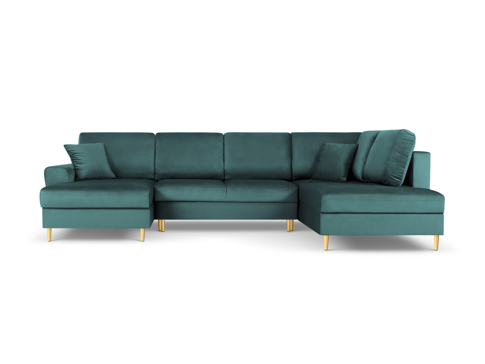 Elegantes Kyoto Velour Panoramic Ecksofa in Petrol-Riviera, 7-Sitzer mit Stauraum und Schlaffunktion, ideal für stilvolle Wohnräume.