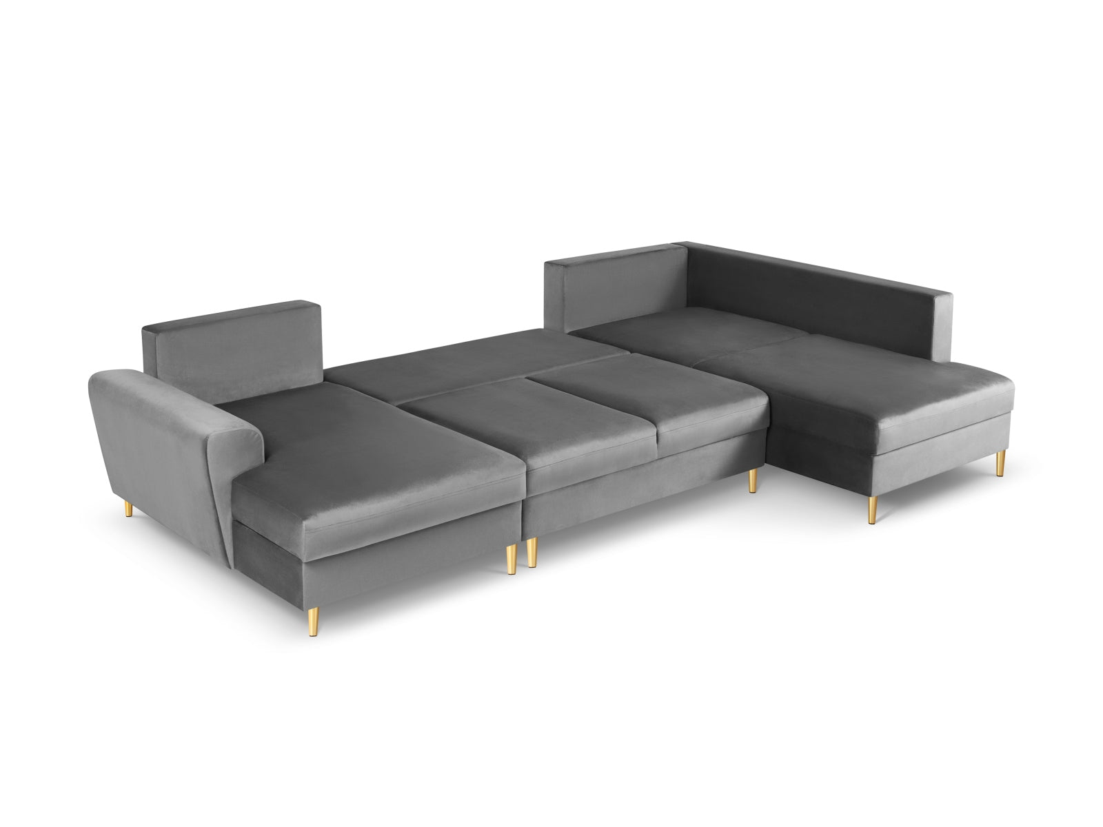Elegantes Kyoto Velour Panoramic Ecksofa rechts in sanftem Grau, 7-Sitzer mit praktischem Stauraum und komfortabler Schlaffunktion.