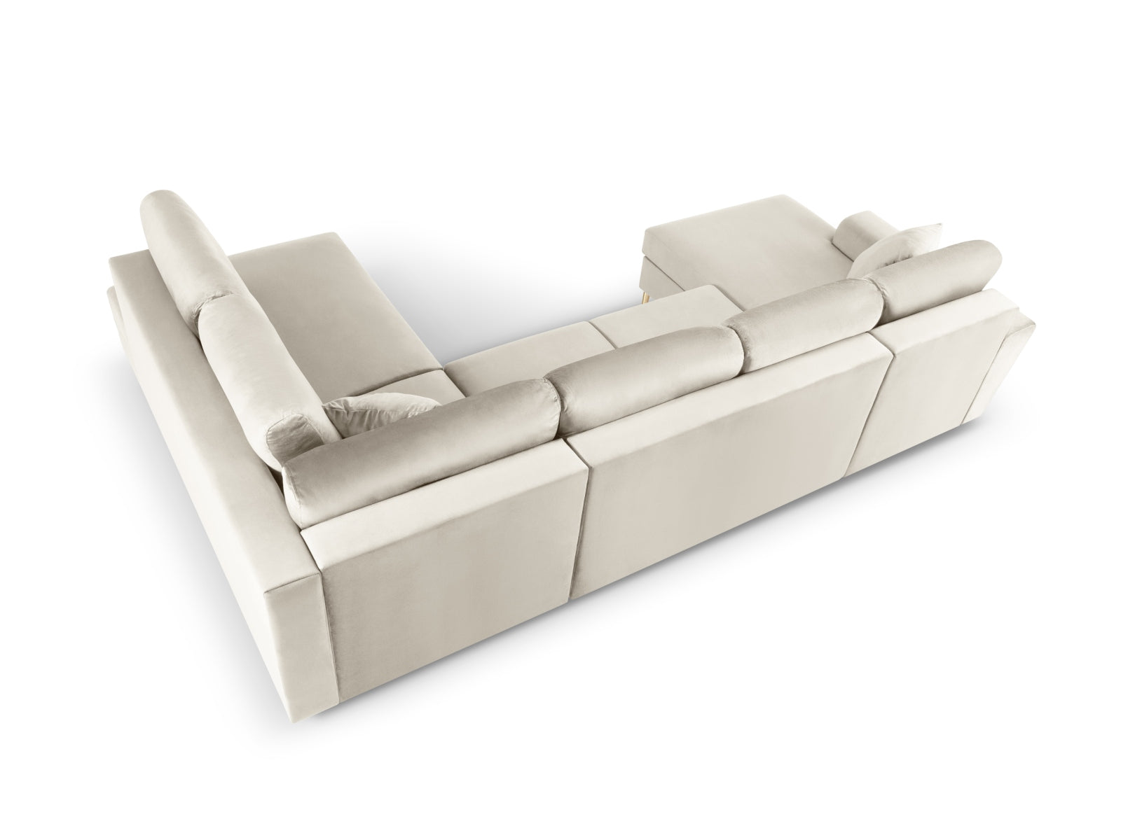 Elegantes Kyoto Velour Ecksofa in Panoramadesign, 7-Sitzer, rechts, bietet Stauraum und eine bequeme Schlaffunktion für vielseitige Nutzung.