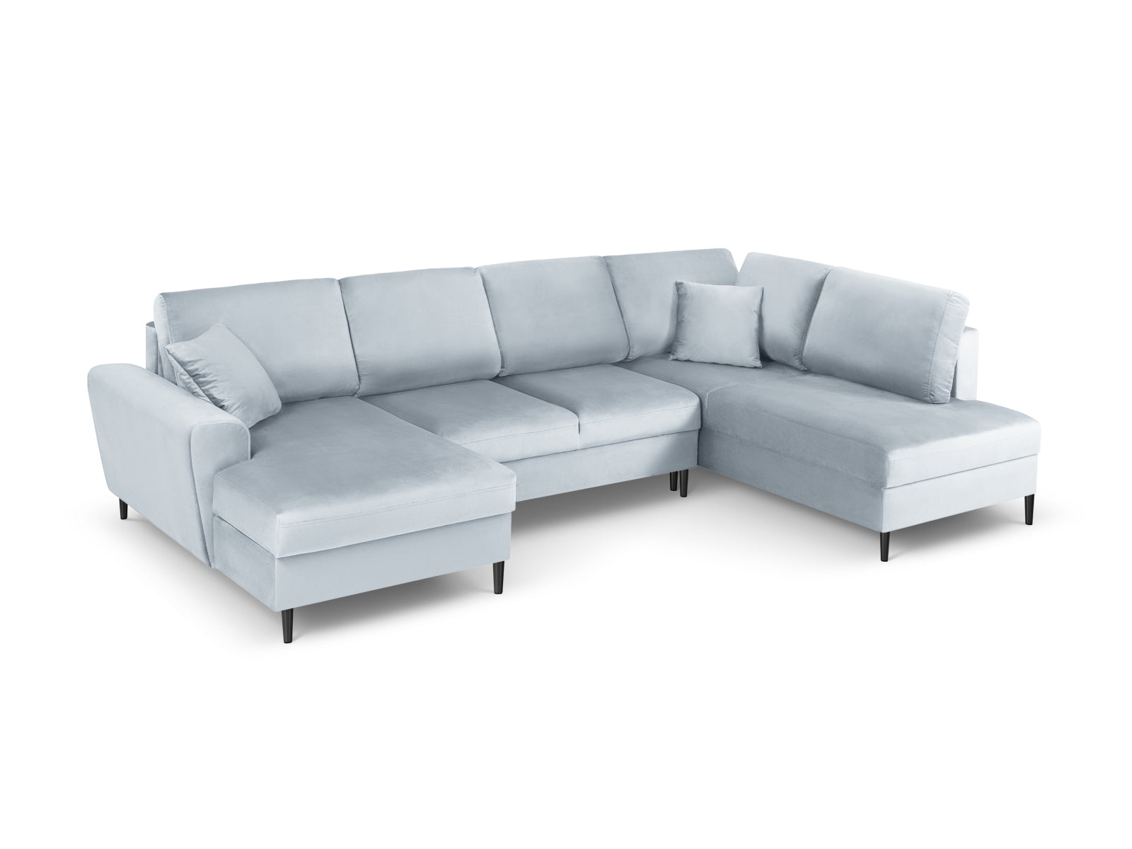 Elegantes Kyoto Velour Panoramic Ecksofa rechts in sanftem Hellblau, 7 Sitzer mit praktischem Stauraum und komfortabler Schlaffunktion.